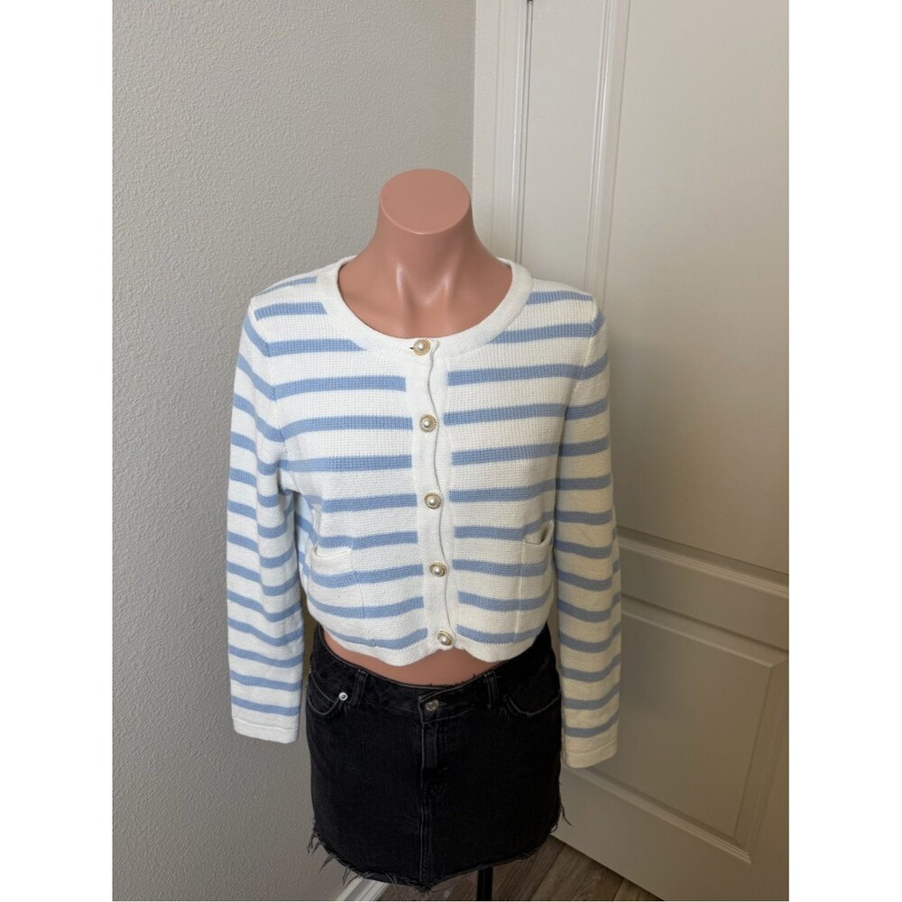 Jessica Simpson White & Light Blue Striped Cropped Cardigan Sz XS